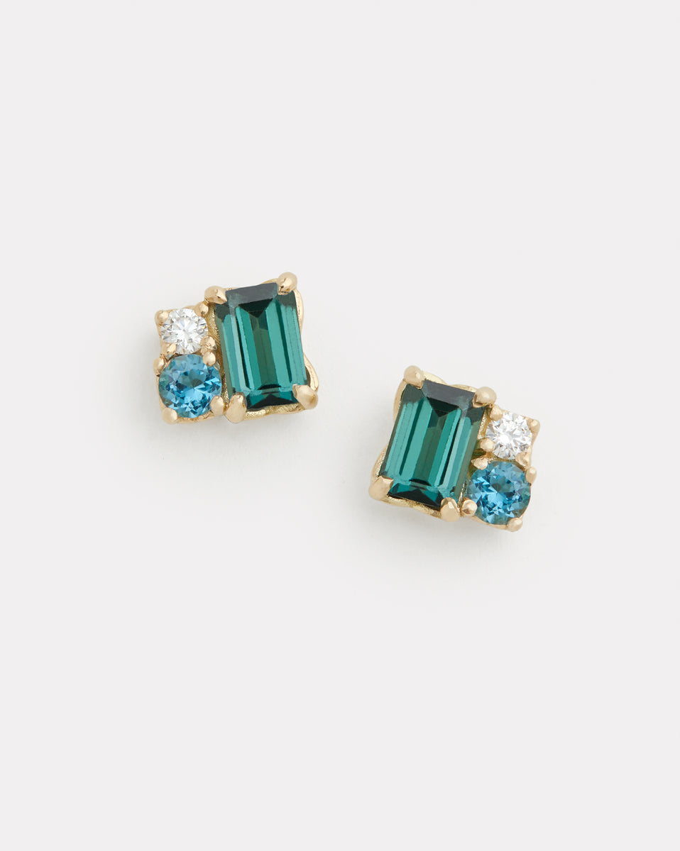Green Tourmaline, London Blue Topaz, and Diamond Cluster Studs