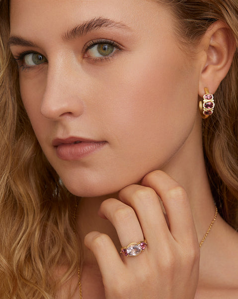 Kunzite Oval and Pink Tourmaline Trillion Ring with Diamonds