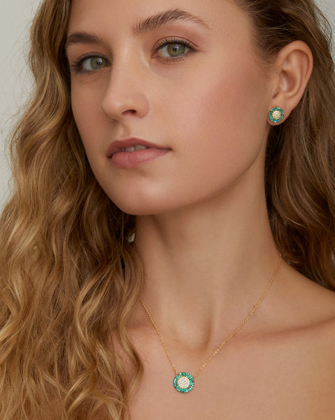 Diamond and Emerald Disc Necklace with Blackened Edge