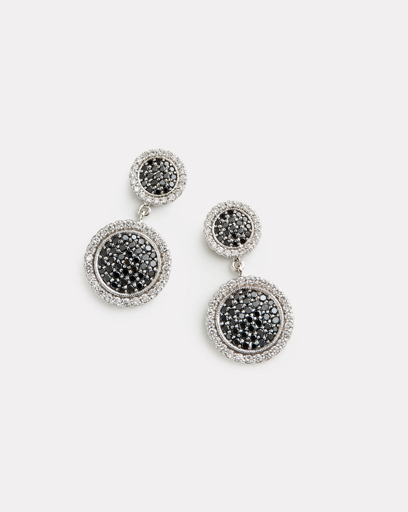 Double Drop Black and White Diamond Disc Earring