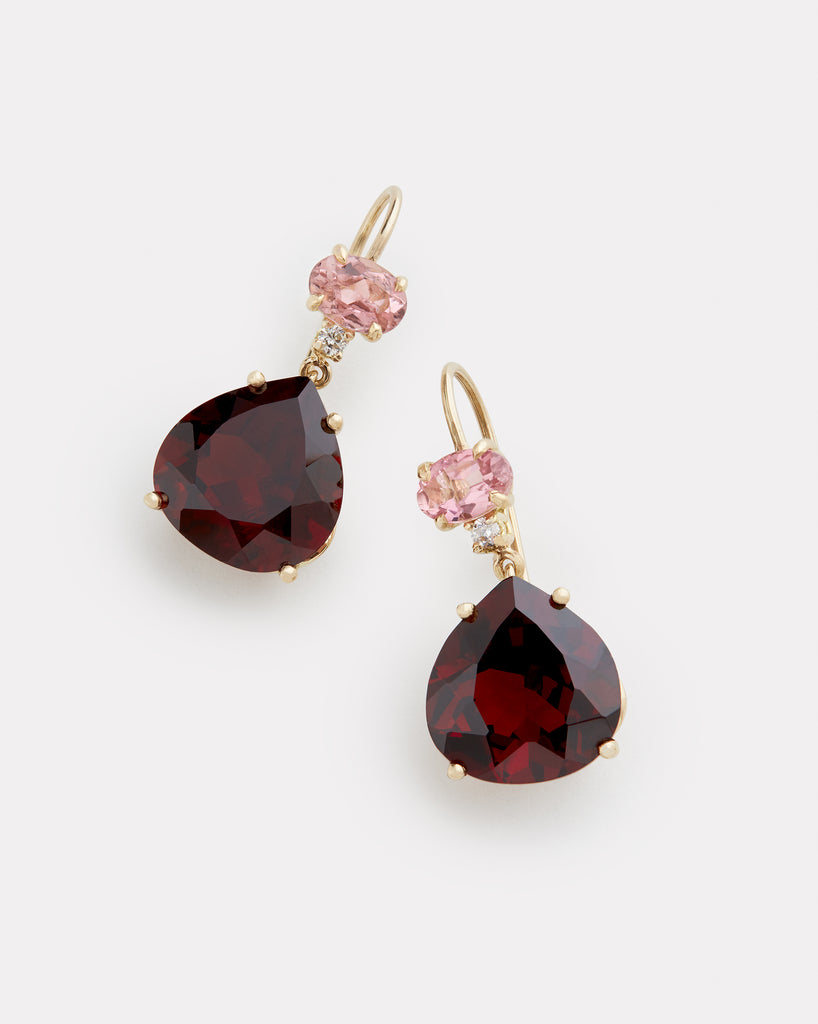 Pink Tourmaline, Rhodolite, and Diamond Drop Earrings