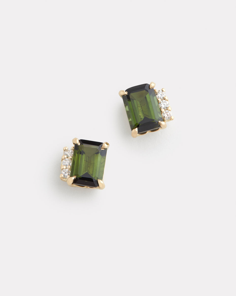 Asymmetrical Emerald Cut Green Tourmaline Studs