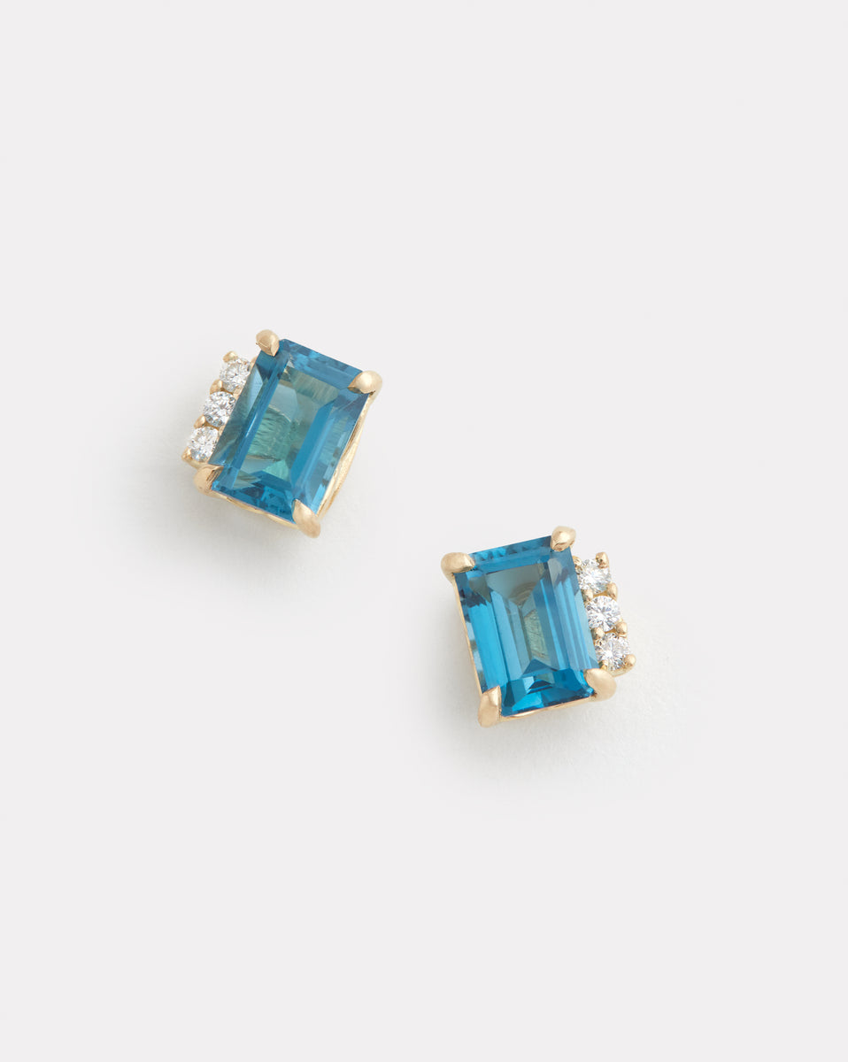 Asymmetrical Emerald Cut London Blue Topaz Studs