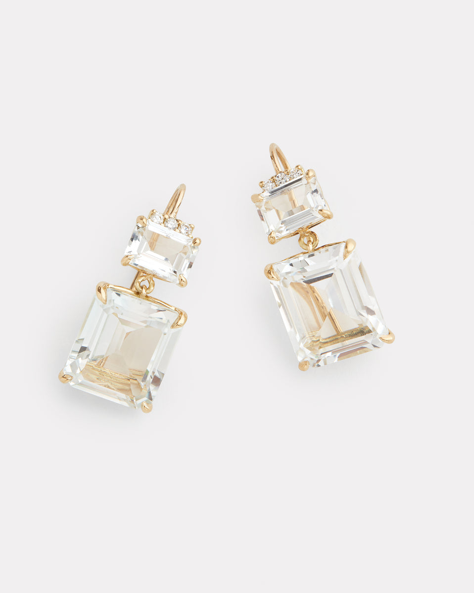 White Topaz and Diamond Emerald Cut Drop Earrings