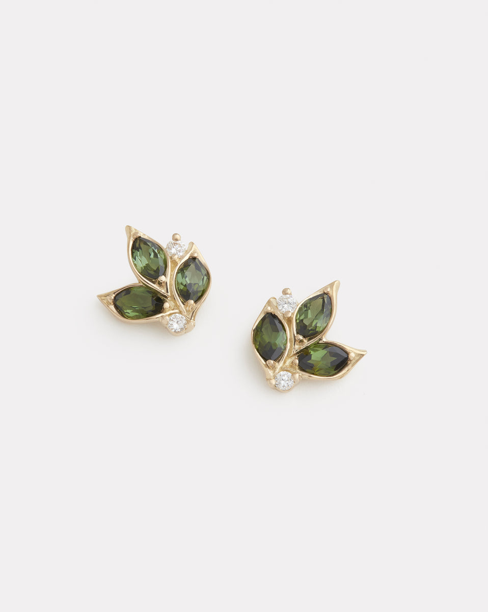 Green Tourmaline Leaf Studs