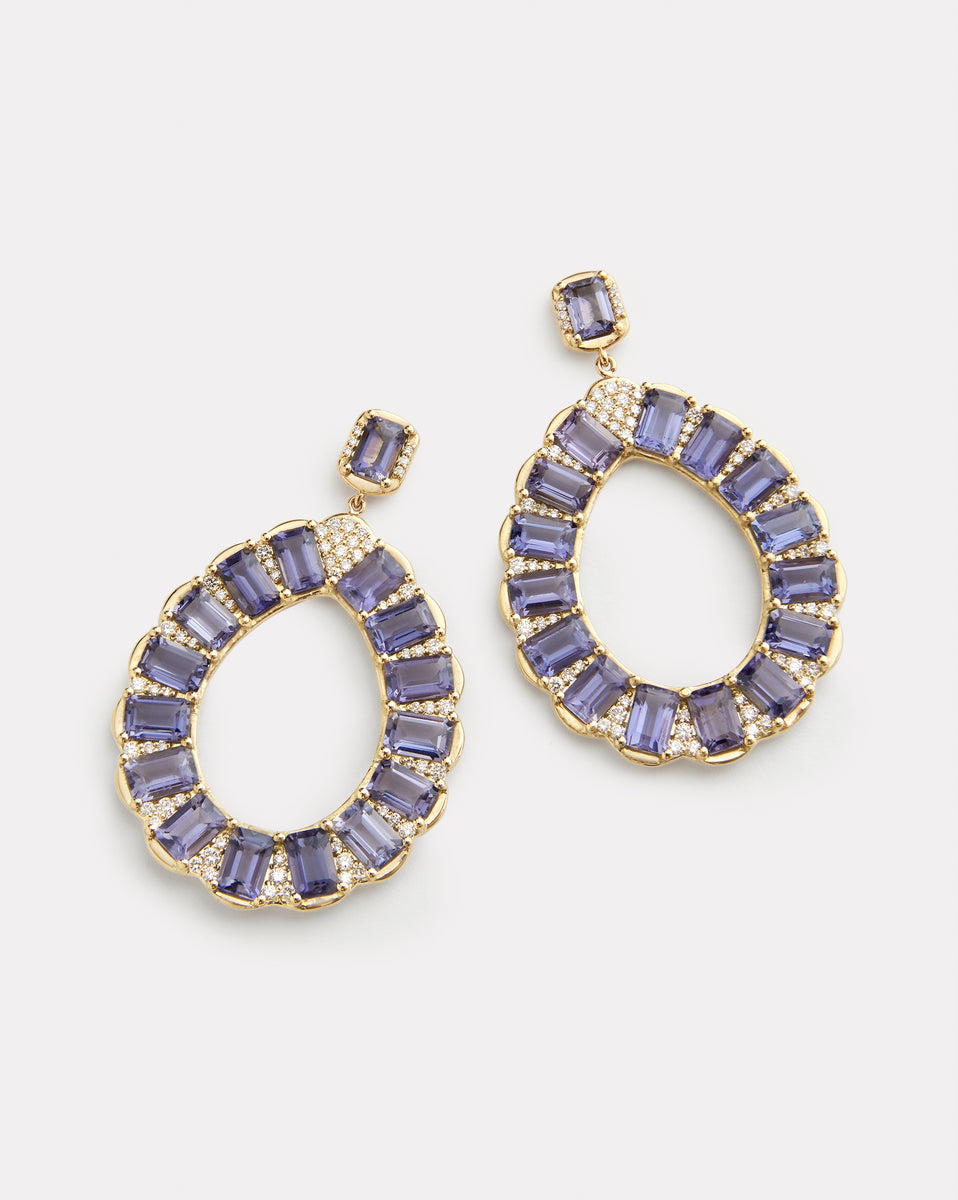 Mosaic Pear Shape Emerald Cut Iolite Earrings