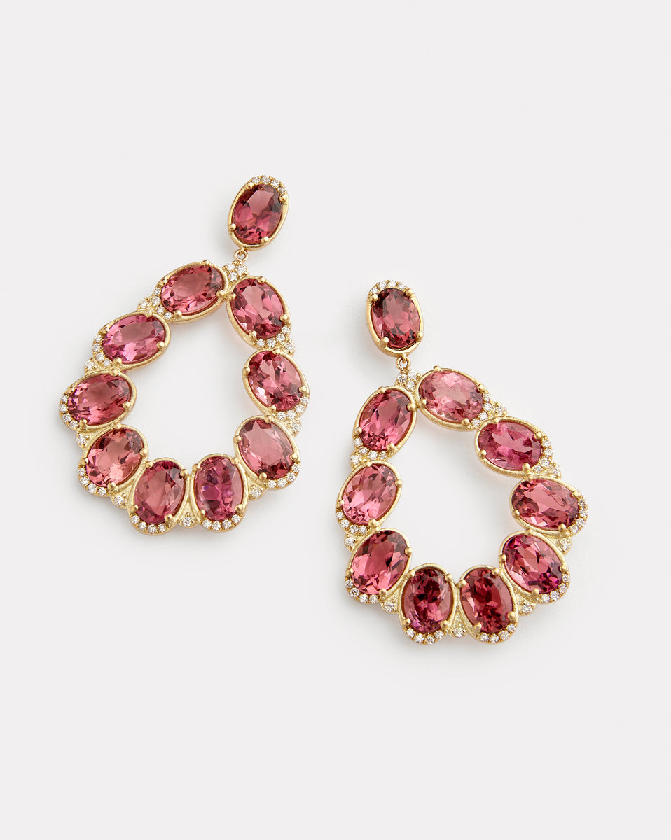Diamond Detailed Pink Tourmaline Pear Shape Earrings