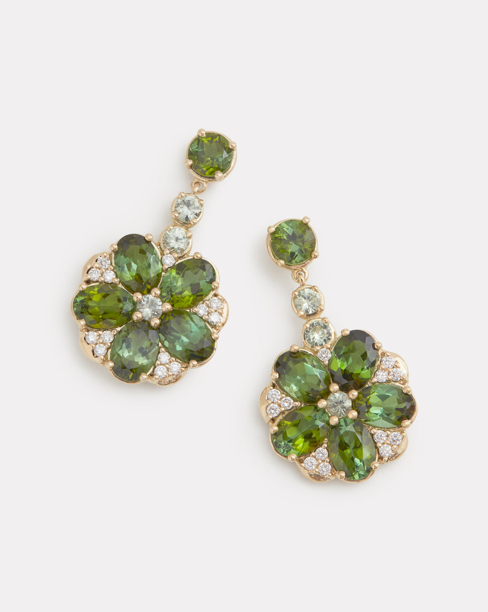 Floral Drop Earrings with Green Tourmaline, Green Sapphire, and Diamonds