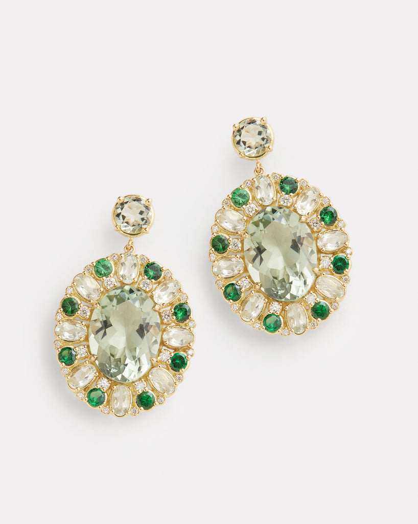 Green Amethyst and Tsavorite Oval Floral Earring