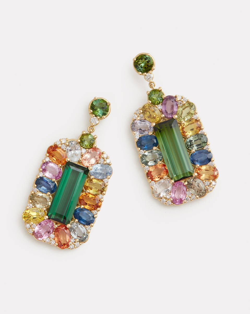 Green Tourmaline, Multi Color Sapphire, and Diamond Earrings