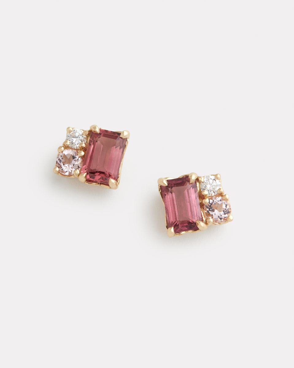 Pink Tourmaline, Morganite, and Diamond Cluster Studs