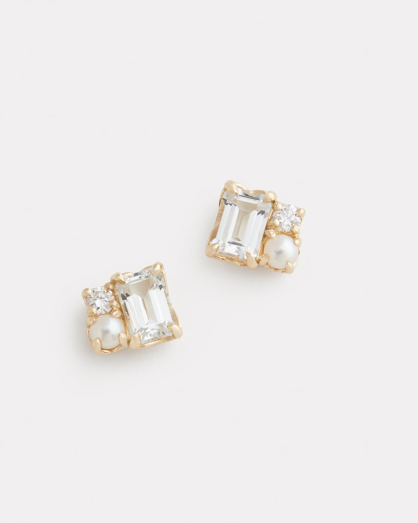 White Topaz, Pearl, and Diamond Cluster Stud