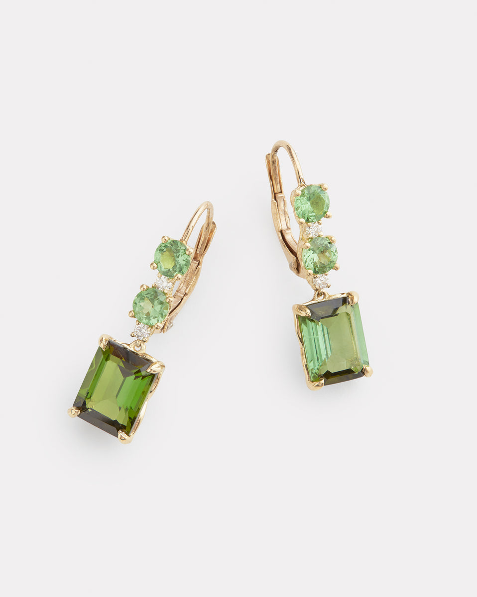 Green Tourmaline, Tsavorite, and Diamond Drop Earring