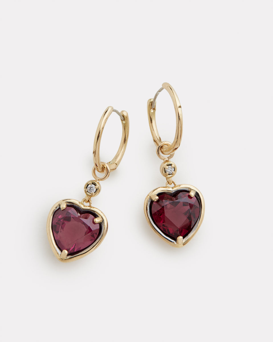 Hoop with Heart Shaped Rhodolite and Diamond Drop