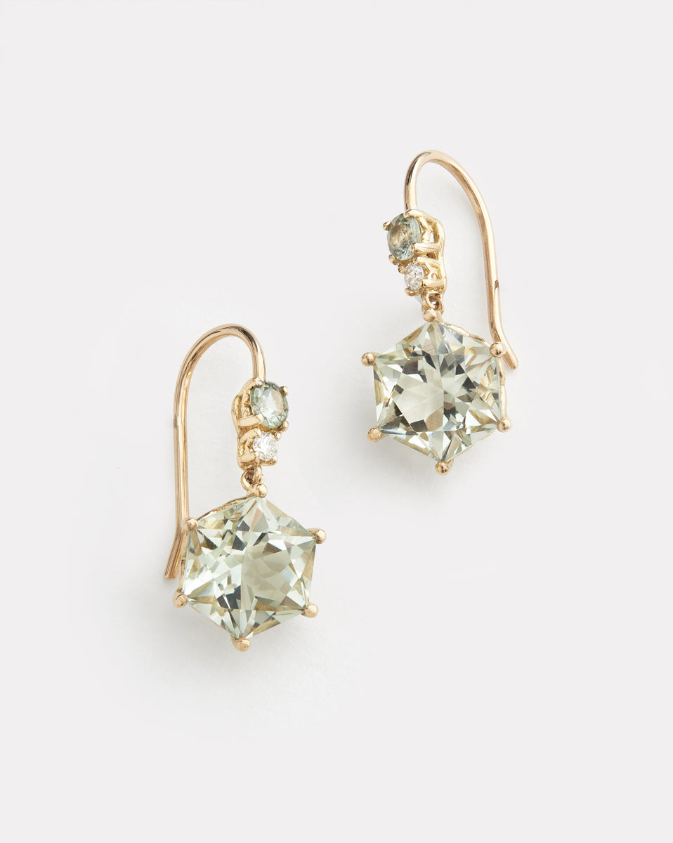 Green Sapphire, Green Amethyst and Diamond Drop Earring