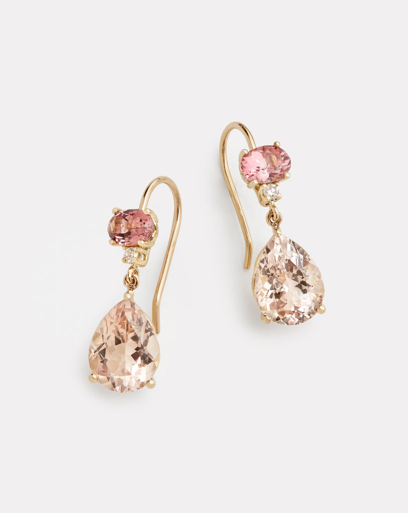 Pink Tourmaline, Morganite, and Diamond Drop Earring