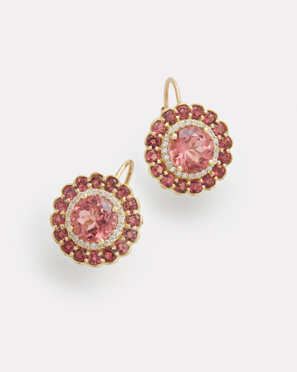 Pink Tourmaline and Diamond Edged Round Earring