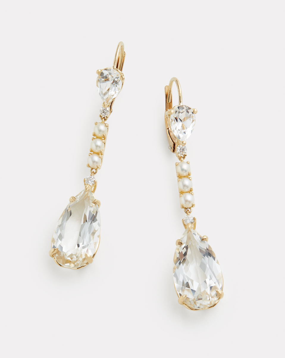 White Topaz, Pearl, and Diamond Drop Earring