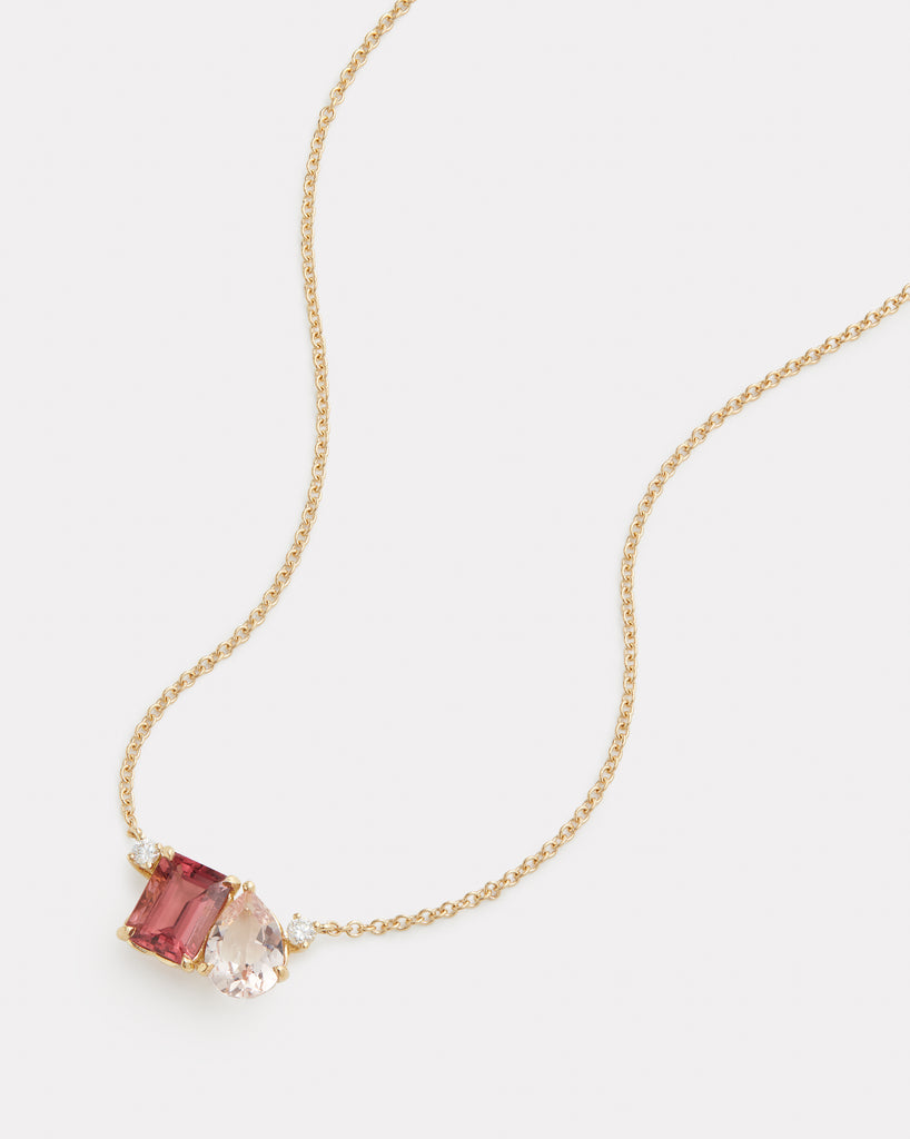 Pink Tourmaline Emerald Cut and Morganite Pear Shape Pendant Necklace