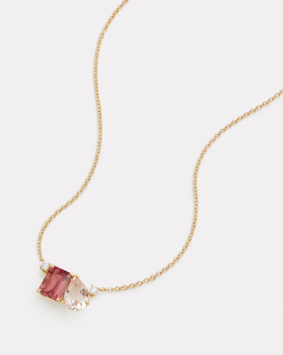 Pink Tourmaline Emerald Cut and Morganite Pear Shape Pendant Necklace