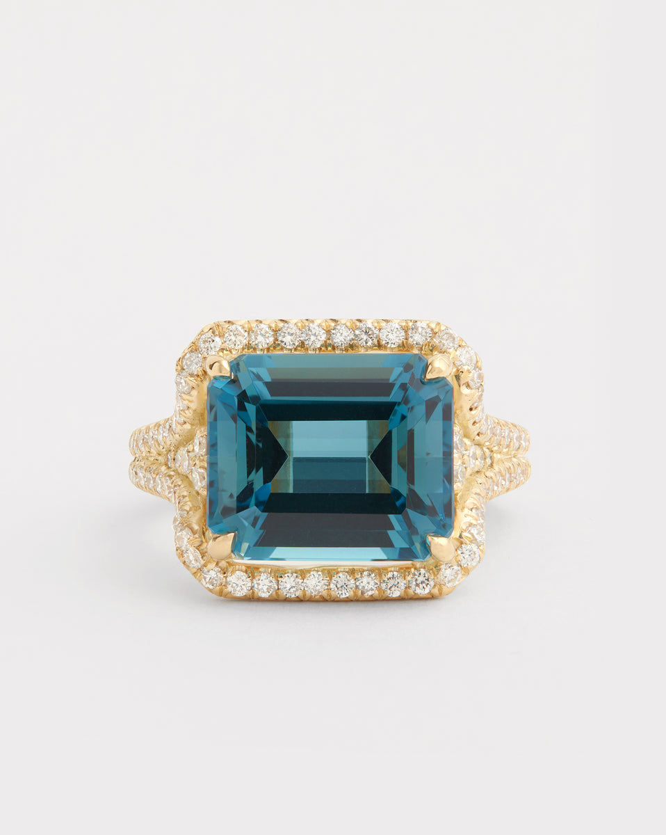 Emerald Cut London Blue Topaz Ring with Diamonds