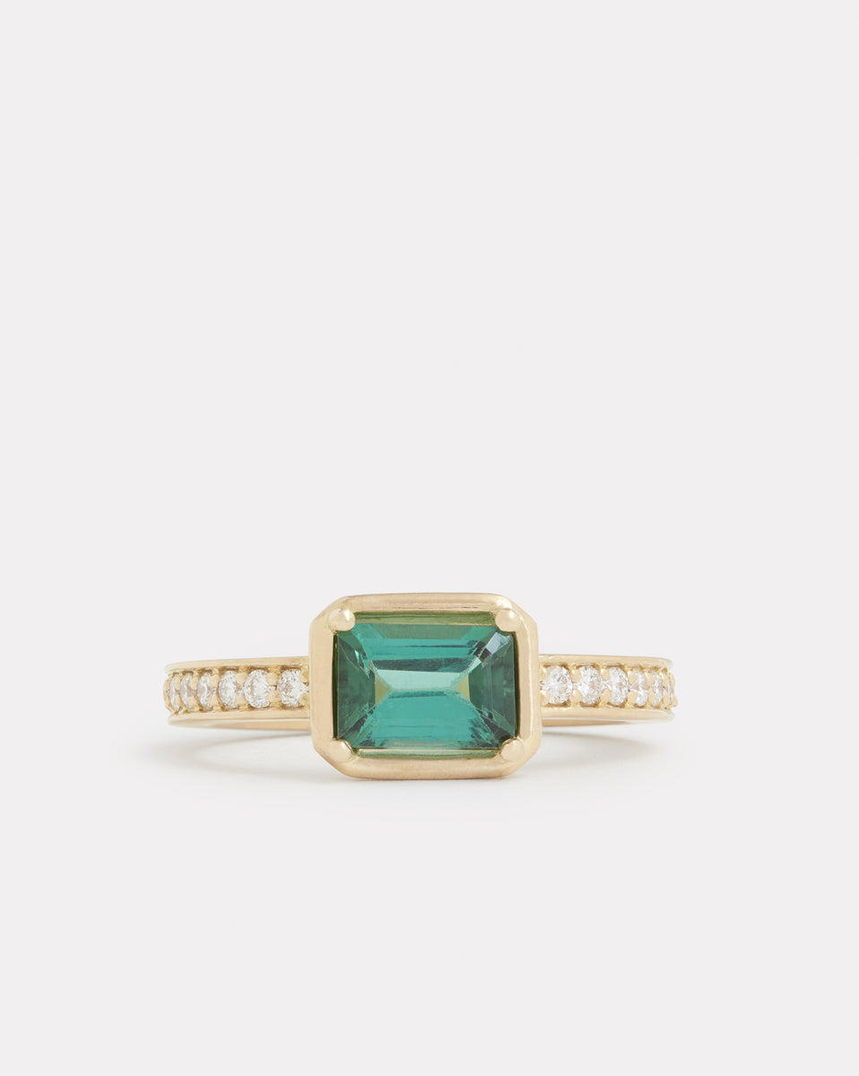 Emerald Cut Green Tourmaline Ring with Diamonds
