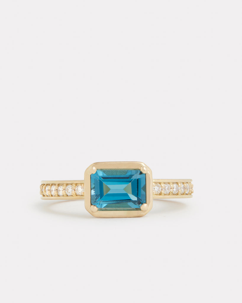 Emerald Cut London Blue Topaz Ring with Diamonds