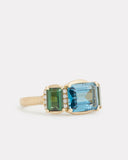 Emerald Cut London Blue Topaz and Green Tourmaline Ring with Diamonds