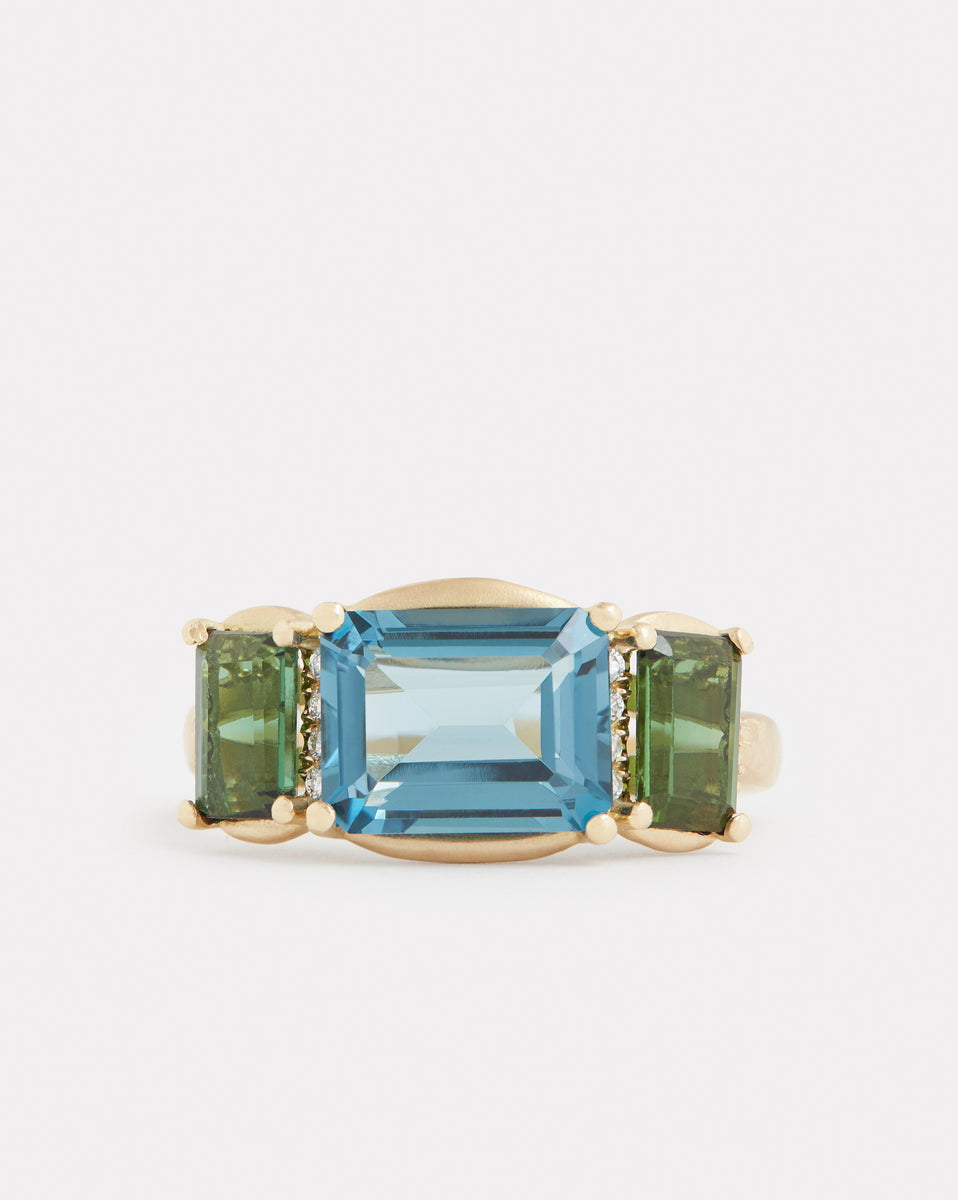 Emerald Cut London Blue Topaz and Green Tourmaline Ring with Diamonds