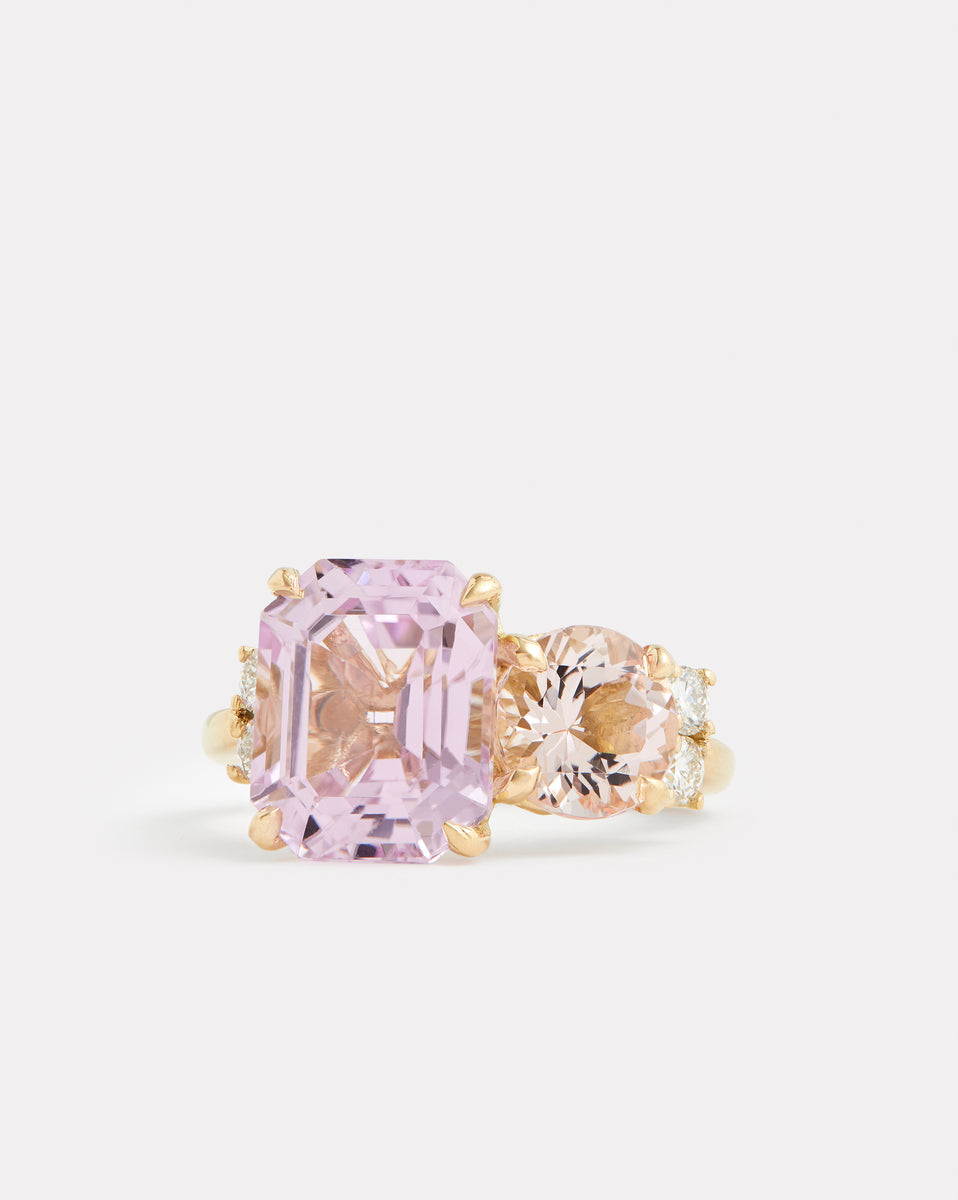 Kunzite Emerald Cut and Morganite Round Ring with Diamonds