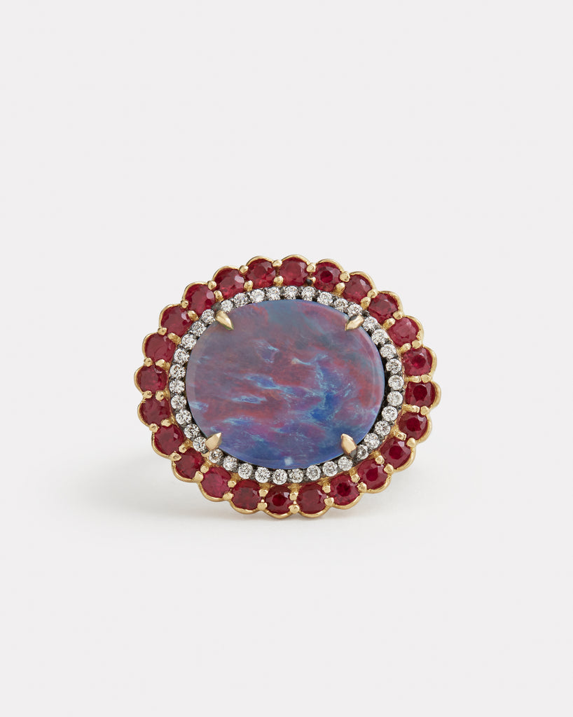 Ruby and Diamond Edged Opal Ring