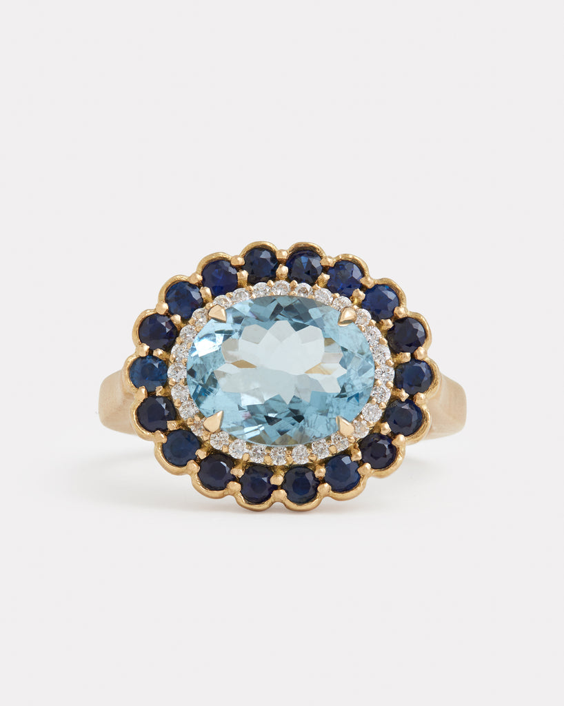Sapphire and Diamond Edged Aquamarine Ring